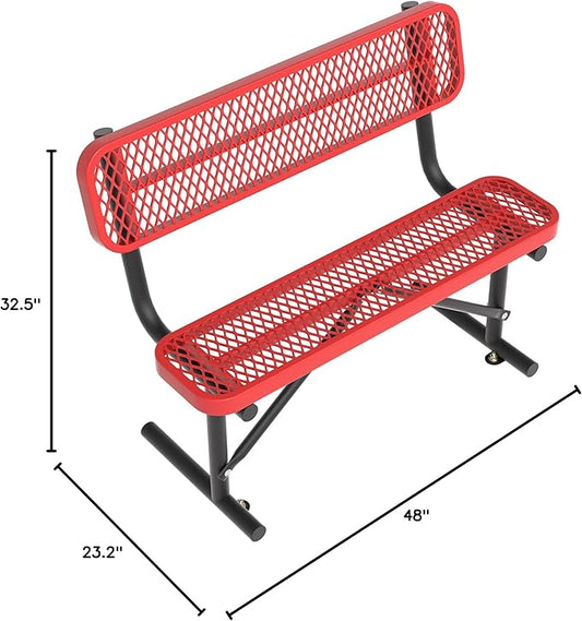 4ft Metal Park Bench with Back, Red Heavy-Duty Steel Outdoor Bench Dock Bench Weatherproof Long Bench Seats, Commercial Garden Benches for Lawn, Park, Deck, Garden, Patio, Porch, Easy Installation