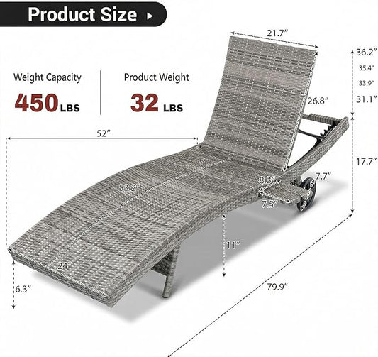 Wicker Outdoor Lounge Chairs with Rolling Wheels, Pool Lounge Chairs Set of 4, Rattan Outdoor Lounger with Pull Out Side Table, Adjustable Backrest Patio Chaise Lounges, Gray