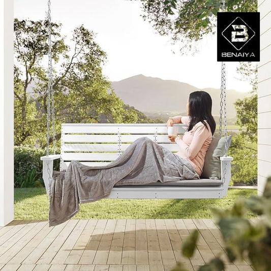 Premium Poly Lumber Porch Swing with Mounting Kit – All-Weather HDPE Hanging Bench with Cup Holders & Steel Chains for Patio or Backyard