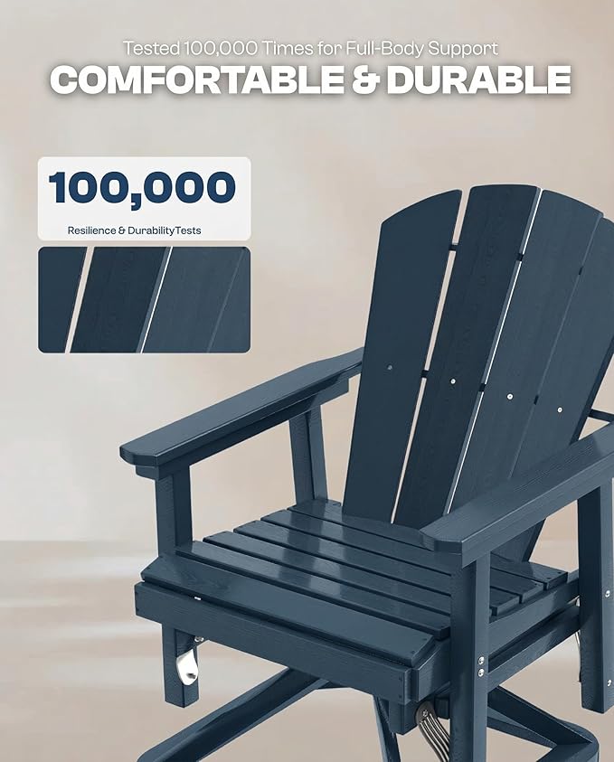 HDPE Swivel Glider Chair Outdoor, Weather Resistant Adirondack Outside Rocking Chair, Wooden Textured Outdoor Swivel Chair Set of 6 for Porch, Balcony, Poolside, Backyard (Navy Blue)