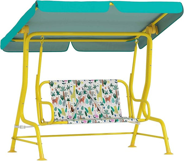 Qaba Kids Patio Swing, 2-Seater Outdoor Porch Swing Chair with Adjustable Canopy, Safety Belt - Photo 1