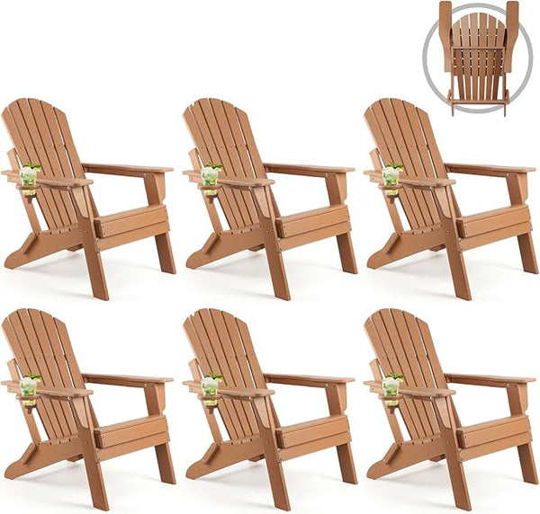 FUNBERRY Folding Adirondack Chair Set of 6, All Weather HDPE Fire Pit Chairs with Cup Holder for Outdoor - Photo 1
