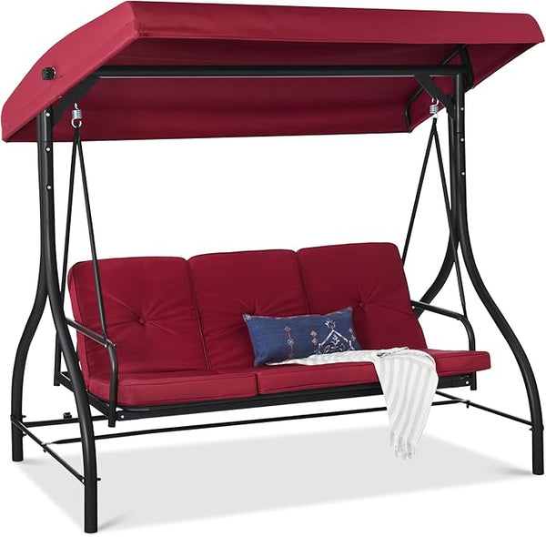 Best Choice Products 3-Seat Outdoor Large Converting Canopy Swing Glider, Patio Hammock Lounge Chair for Porch, Backyard w/Flatbed, Adjustable Shade, Removable Cushions - Burgundy
