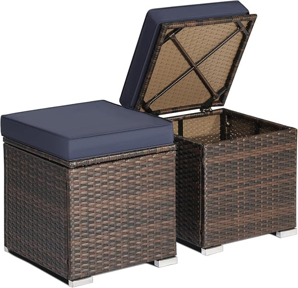 RELAX4LIFE Wicker Outdoor Storage Ottoman, 2-Piece Rattan Footstool w/Removable Cushion - Photo 1