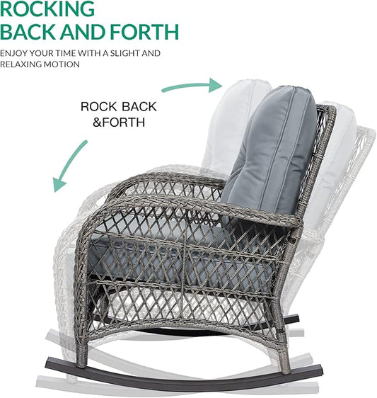 VIVIJASON Outdoor Wicker Rocking Chair, Patio Rattan Rocker Chair with Cushions & Steel Frame, All-Weather Rocking Lawn Wicker Furniture for Garden Backyard Porch (Grey)