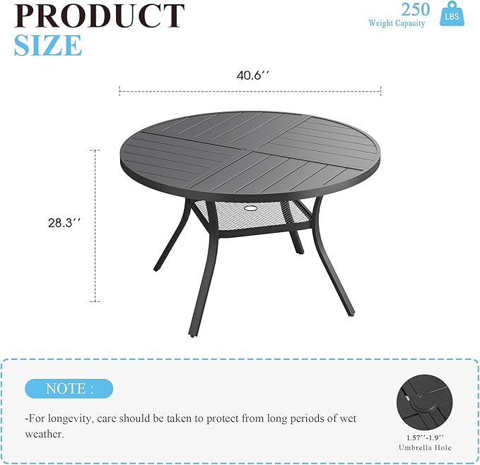 VICLLAX 40.6" Round Patio Table with Umbrella Hole, All Weather Metal Outdoor Dining Table for 4, Outside Table with Storage Shelf for Lawn Garden, Black