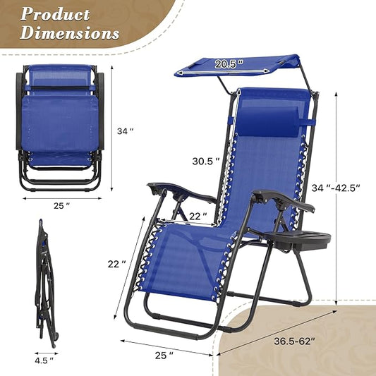 Athena Collection Folding Zero Gravity Chair with Canopy, Adjustable Lounge Chair Recliner, Outdoor Lawn Chair Camping Chairs Beach Chaise Chairs with Headrest & Cup Holder for Patio Pool, Blue