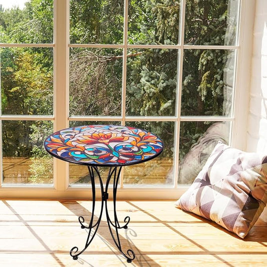 Outdoor Side Table, Mosaic Round Accent Table, Metal Indoor Small End Tables, 18" Plant Stand Tables for Patio Balcony Garden Bedside