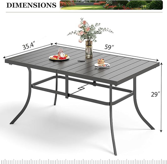 HERA'S HOUSE Outdoor Dining Table for 6,6-Person Metal Steel Slat Rectangle Patio Table with Umbrella Hole for Lawn Garden Backyard