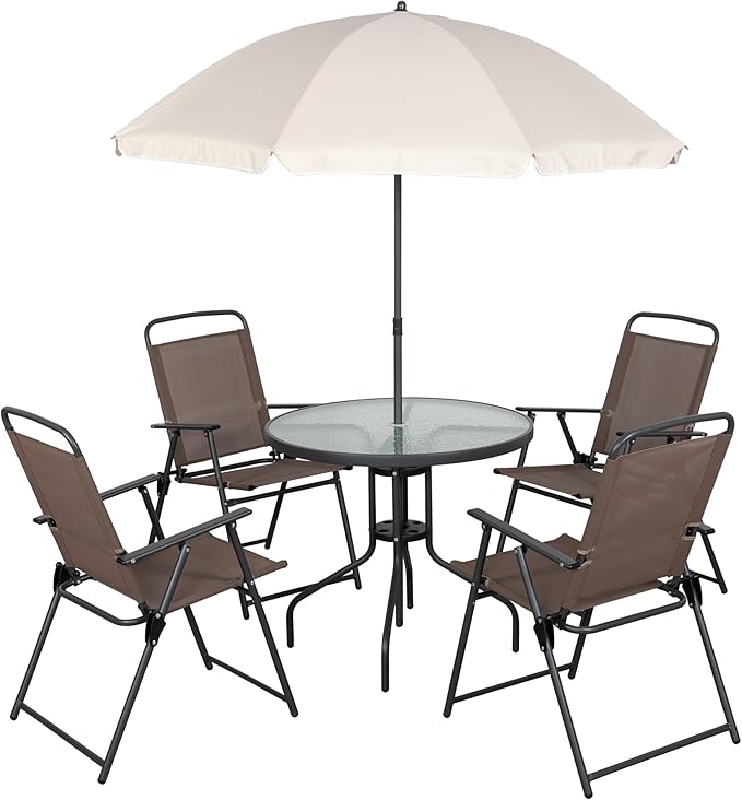 JAMFLY 6 Piece Folding Patio Dining Set,Small Metal Outdoor Garden Patio Table and Chair Set w/Umbrella for Lawn