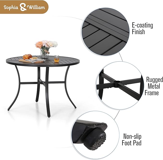 Sophia & William 42" Round Patio Table, Black Metal Outdoor Dining Table for 4, E-Coating Outdoor Patio Table with 1.57" Umbrella Hole for Backyard, Garden