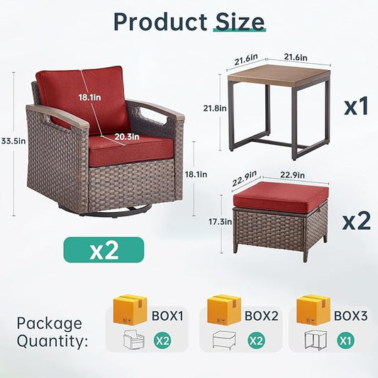 Luxury Outdoor Swivel Rocker Patio Chairs with Metal Side Table - 5 Piece Heavy Duty Furniture Set All Weather Wicker Conversation Set with 2 Ottomans for Porch Poolside and Deck - Red