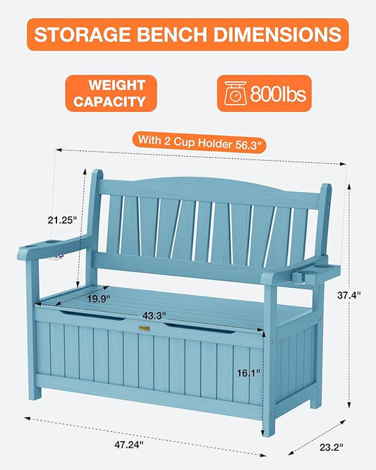 YEFU Outdoor Storage Bench for Patio: Heavy Duty Garden Bench Set of 2 with 96° High Backrest & Oversized Seating - HIPS Weatherproof Patio Bench with Storage for Porch Park Backyard, Blue
