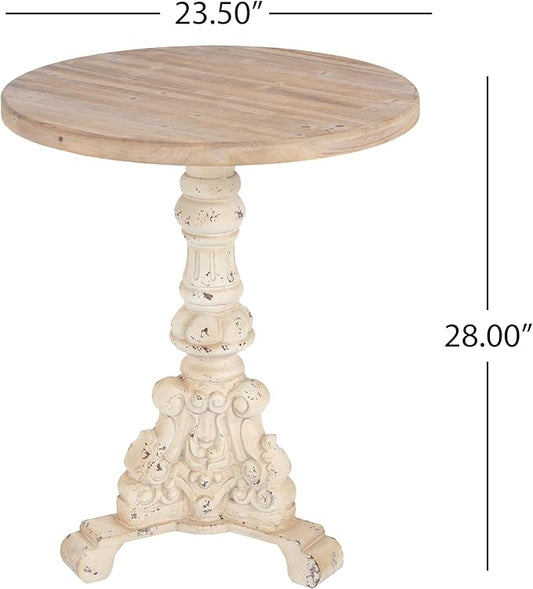 Patio Round Side Table Circle End Table Rustic Small Coffee Tables Drink Tables Antique Pedestal Tables Wood Top & MGO Base for Small Spaces Living Room Patio Antique White &Natural Wood