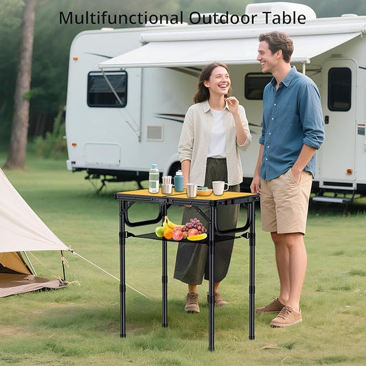 Anbte 2ft Camping Table Foldable with Storage Net, 3 Adjustable Heights Aluminum Small Folding Table Lightweight, Portable Handle for Travel Outdoor Beach Camping Picnic, 23.2" x 16", Light Oak Grain