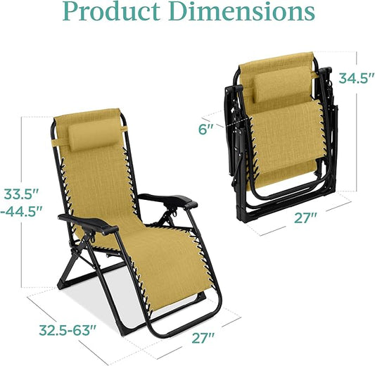 Best Choice Products Oversized Zero Gravity Chair, Folding Outdoor Patio Recliner, XL Anti Gravity Lounger w/Removable Cushion, Cup Holder, Side Tray, 350lb Capacity - Sunflower Yellow