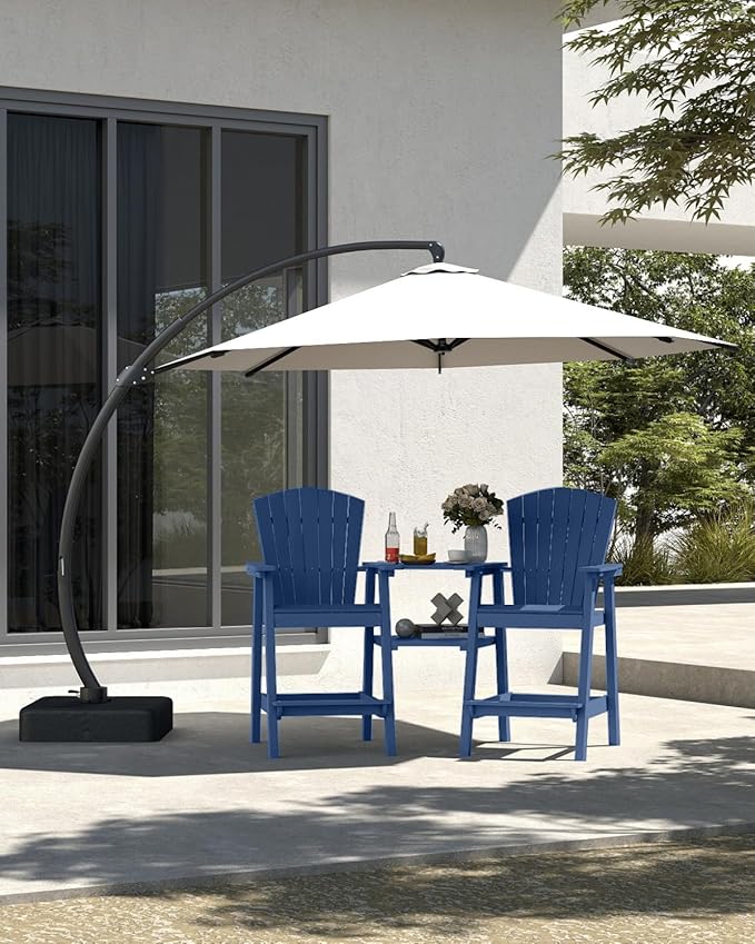 Navy Blue HDPE Tall Adirondack Chair Set of 2 with Beige 9FT Patio Umbrella, All-Weather Outdoor Bar Height Chairs with Trays & Umbrella Hole for Garden, Balcony, Lawn