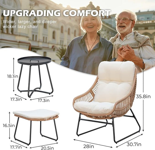 Outdoor Wicker Papasan Egg Chair with Ottoman, Patio Basket Lounge Chair Indoor Egg-Shaped Rattan Reading Lounger with Thick Cushion and Table for Living Room Bedroom Balcony Porch, Beige