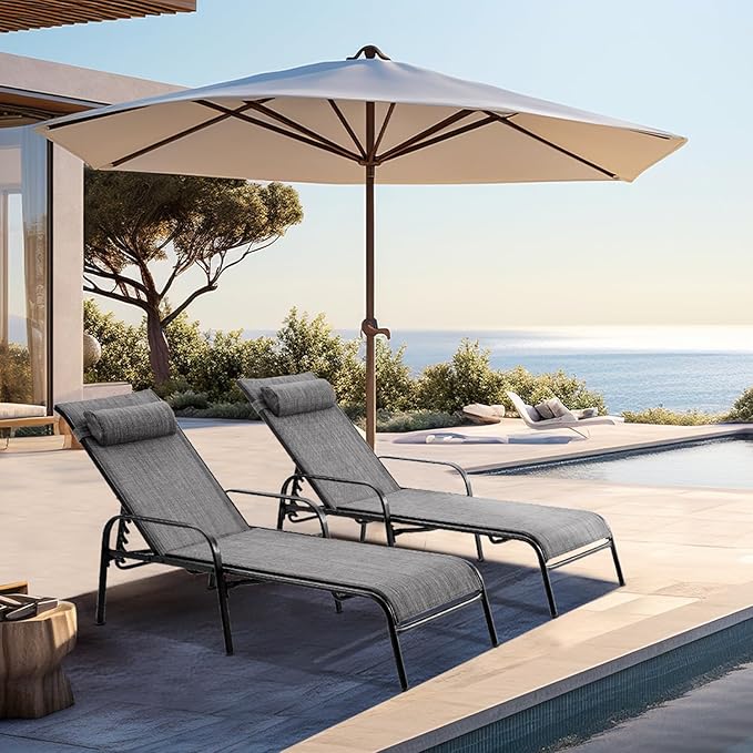 EROMMY Patio Chaise Lounge, Set of 2 Outdoor Lounge Chair, for Beach Pool Sunbathing Lawn Pool Lounge Chairs Outside Tanning Chairs for All Weather