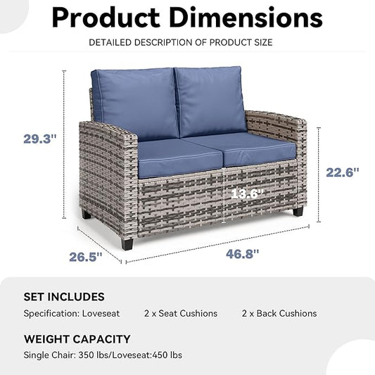 Outdoor Patio Loveseat, All-Weather Outdoor Wicker Sofa with Comfy Cushions, Patio Furniture Set 2 Person Couch, High Back Rattan Couch for Garden, Balcony, and Deck- Blue