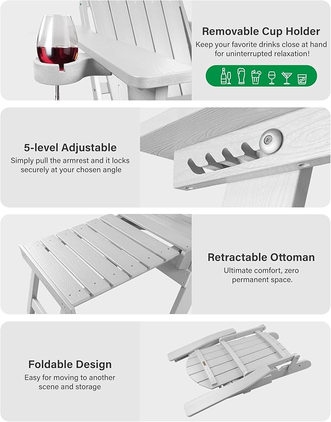 YEFU Adirondack Chair with Retractable Ottoman: Folding Adirondack Chairs Set of 2-5-Level Adjustable Backrest with Footrest - Fire Pit Chairs - Cup Holder - Outdoor Plastic Chair for Patio