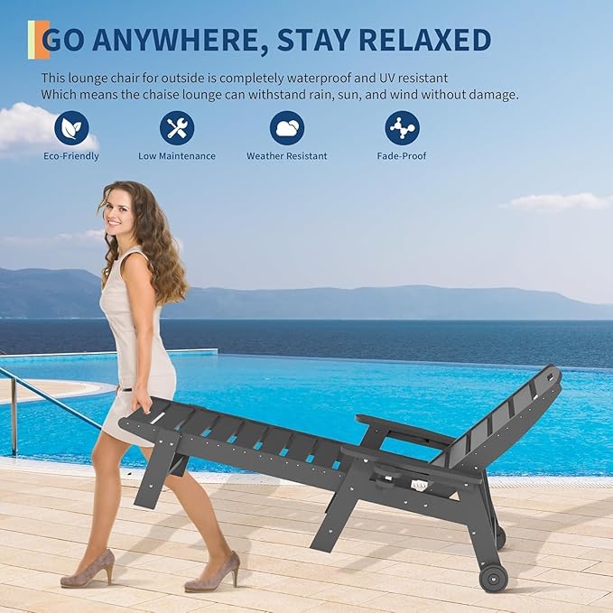 Garvee Oversize 5-Position HDPE Outdoor Chaise Lounge Chair Without Rolling Wheels – Pool Lounge for Patio, Beach & Camping, Gray