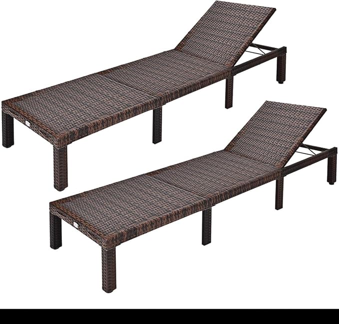 Tangkula Rattan Wicker Chaise Lounge, Outdoor Patio Lounger Recliner w/Adjustable Backrest, Heavy-Duty Reclining Sunbed with Thick Zippered Cushion for Garden Yard Patio (2, Brown)