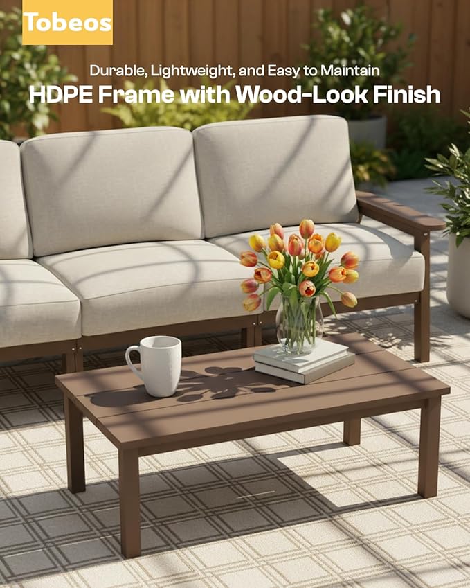 Patio Furniture Set, HDPE Outdoor Sofa Set with Beige Washable Cushions, Patio Conversation Sets for Lawn, Garden, Porch, Balcony & Deck, Durable Outdoor Sectional Furniture (Brown Frame)
