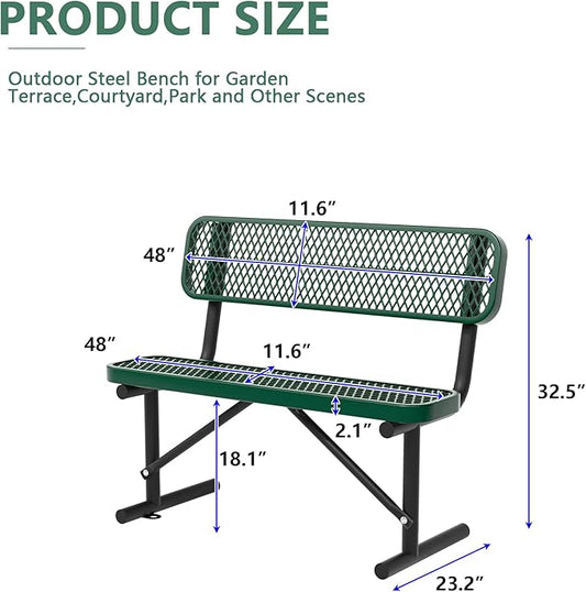 Park Benches for Outside, Garden Benches Weatherproof with Backrest - Heavy-Duty Metal Bench for Patio Porch Backyard School Sports Church Locker Room Bench Commercial-Grade Seating (Green, 4FT)