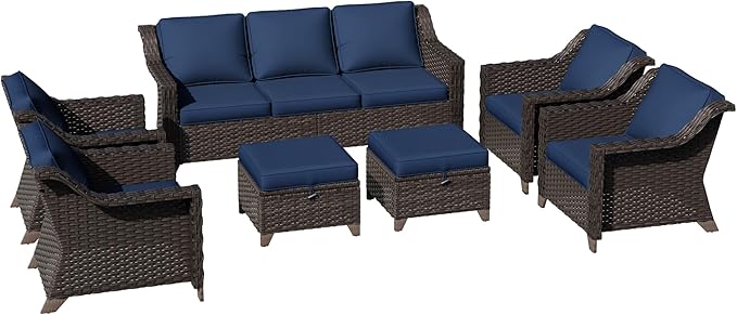 7 Pieces Patio Conversation Furniture Set - 1 Sofa, 2 Ottomans, 4 Armchairs, Outdoor Wicker Furniture with Removable Cushions for Porch, Balcony, Sunroom (Blue)
