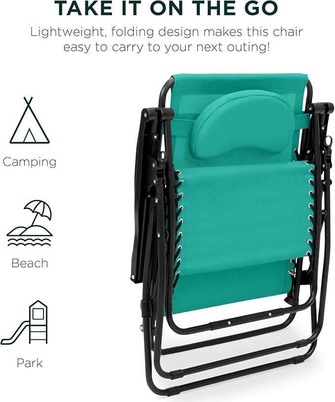 Best Choice Products Oversized Zero Gravity Chair, Folding Outdoor Patio Lounge Recliner w/Cup Holder Accessory Tray, Pillow - Mint