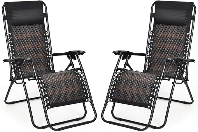 Tangkula Patio Rattan Zero Gravity Lounge Chair, Outdoor Folding Lounge Chair w/Removable Head Pillow, Adjustable Lounge with Widened Armrest & Locking System for Balcony Yard Poolside (2, Brown)