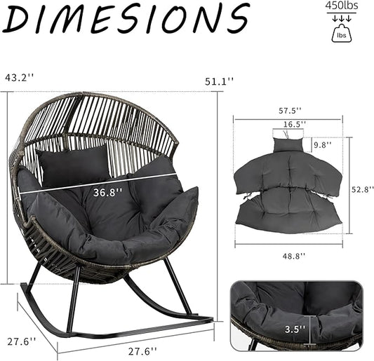 Shintenchi Wicker Egg Chair,Oversized Outdoor Indoor Rocking Chair,Large PE Rattan Rocking Chair with Cushion for Patio, Balcony, Backyard, Garden,Deep Grey