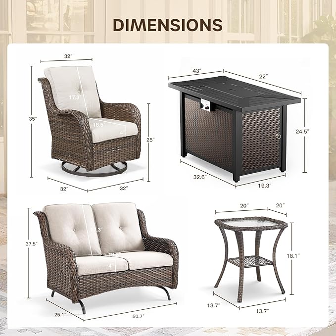 Patio Loveseat Glider Set, Resin Wicker Loveseat Glider with 4 Swivel Patio Chiars Rectangular Firepit Table, 7 Piece Patio Conversation Loveseat Set, Brown Wicker|Beige Cushions