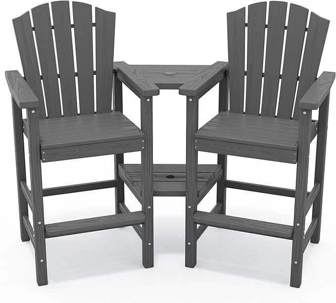 KINGYES Tall Adirondack Chairs Set of 4, All Weather Embossed Balcony Height Chair with Double Connecting Trays, Tall Poly Adirondack Chair, High Airondack Chair with Wood Grain, Backyard, Deck, Gray