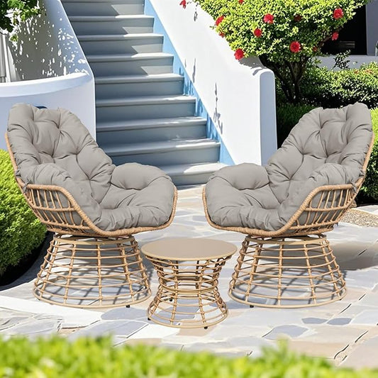 Swivel Chairs for Outside Patio Set of 3, 360° Swivel Pe Wicker Luxury Lounger Chair with 20" Side Table, Soft Cushion and Durable Frame, for Apartment Balcony, Patio, Porch, Yard (Grey)