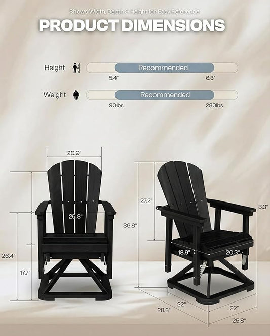 HDPE Swivel Glider Chair Outdoor, Weather Resistant Adirondack Outside Rocking Chair, Wooden Textured Outdoor Swivel Chair Set of 4 for Porch, Balcony, Poolside, Backyard (Black)