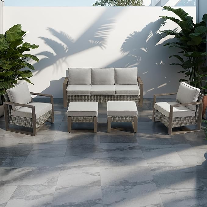Rilyson Outdoor Wicker Patio Furniture Set - 5 Piece Patio Conversation Set with 2 Wicker Armrest Chairs,2 Rattan Ottoman and 1 Couch,Sturdy Frame,Thick Cushions,Deep Seating(Mixed Grey/Grey)