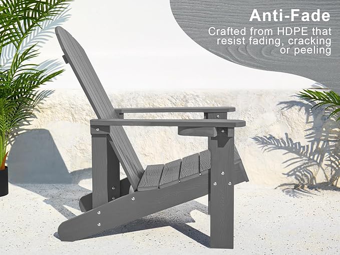 Y&M Adirondack Chair Set of 4, Dark Grey Fire Pit Chairs, Outdoor Patio Chairs with Cup Holder, Weather Resistant HDPE Wooden Textured Patio Chairs, Perfect for Garden, Lawn, Deck, or Poolside