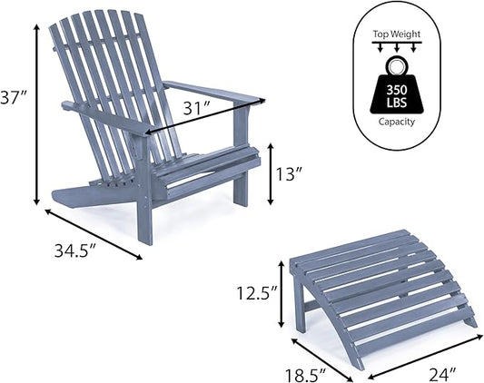 Eyely KDA1000E Zalenor 2-Piece Traditional Rustic Acacia Wood Adirondack Chair with Detachable Ottoman, Cashmere Blue