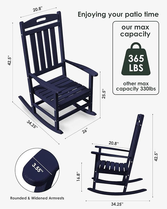Outdoor Rocking Chair, All-Weather Resistant Poly Lumber Rocker Chair Outdoor, High Back Plastic Patio Rocking Chairs for Outside Porch Rocker Garden Lawn, Navy Blue