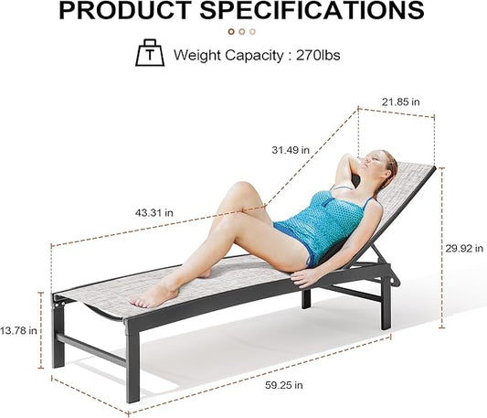 Crestlive Products Pool Lounge Chair Outdoor Set of 2, Chaise Lounge Chairs, Adjustable Five-Position Tanning Recliner, All Weather for Patio, Beach, Yard, Pool (Grey Black)