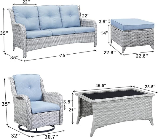 Patio Furniture Swivel Chairs Set - 8 Piece Wicker Rattan Outdoor Sectional Conversation Sets with 4 Swivel Rocking Chairs,2 Ottomans,1 Sofa and 1 Coffee Table for Porch Deck(Light Grey/Sky Blue)
