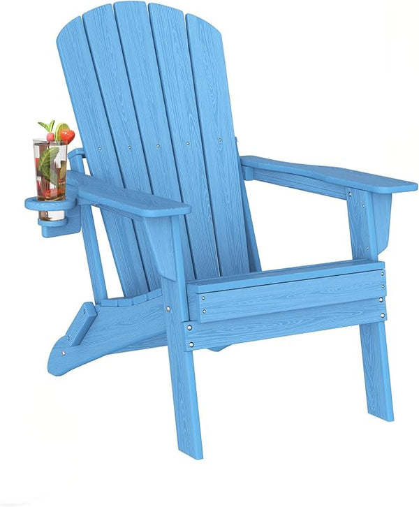 Plawdlik Folding Adirondack Chair with Cup Holder, SGS Tested, Heavy All-Weather, Wooden Textured - Photo 1