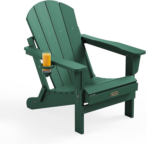 SERWALL Folding Adirondack Chair Outdoor Adirondack Chairs with Cup Holder Weather Resistant Patio Chair with Wood - Photo 1