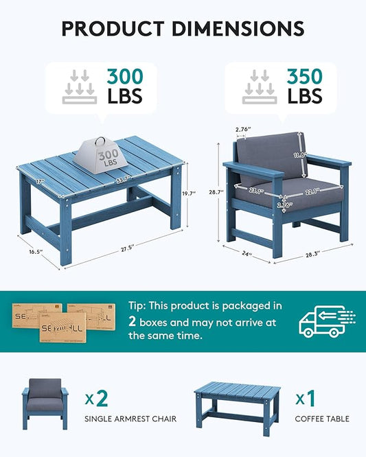 SERWALL 3 Pieces HDPE Outdoor Sofa Bistro Set with Cushions, Outdoor Furniture Sofa Sets with Coffee Table and Cushions, All Weather Conversation Social Set, Blue Frame and Grey Cushion