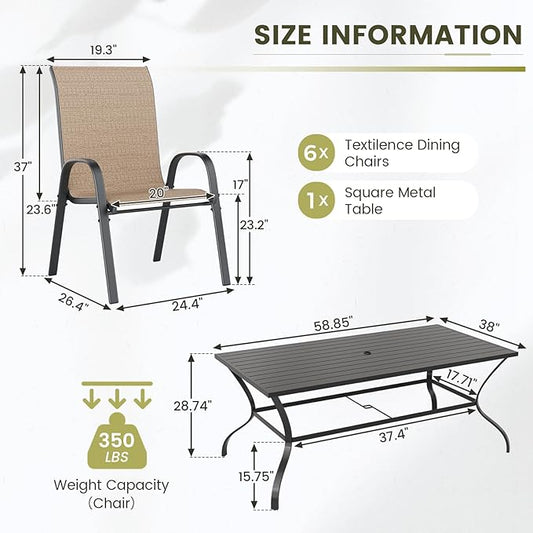 UDPATIO Patio Dining Set for 7, Outdoor Table and Chairs Set with Square Metal Table, 6 Stackable Patio Chairs, Outdoor Furniture for Deck Garden Backyard Lawn Poolside (Brown)
