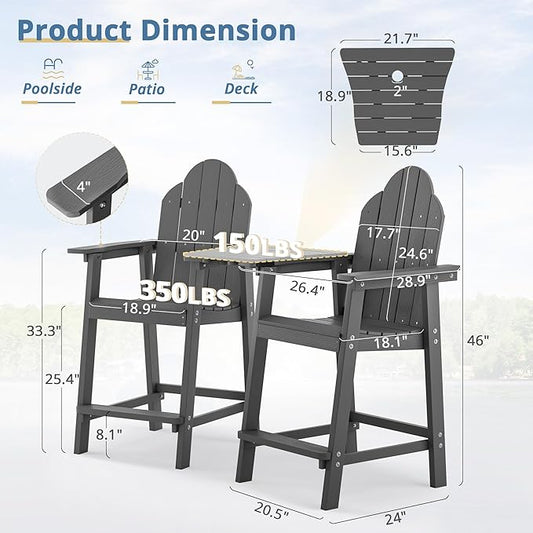 LUE BONA Tall Adirondack Chair Set of 2, All Weather HDPS Bar Height Adirondack Chair with Detachable Table & Umbrella Hole, Adirondack Barstools for Patio, Deck, Backyard & Commercial Use Dark Gray