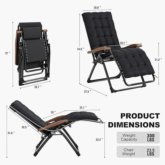 PURPLE LEAF Outdoor Reclining Chair Patio Zero Gravity Chaise Lounge Folding Chair with Removable Cushion Adjustable Headrest for Lawn Camping Beach Pool Black