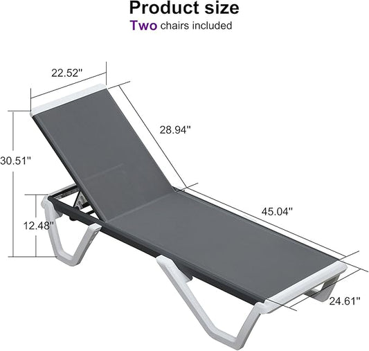 PURPLE LEAF Outdoor Chaise Lounge Set of 2 Plastic Pool Lounge Chair with Aluminum Frame Stackable Patio Tanning Chairs for Poolside Sunbathing Beach Deck Yard, Grey